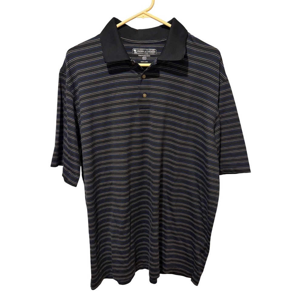 Pebble Beach Performance Polo Shirt Mens XL Black Blue Striped Pima Cotton Blend